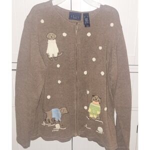 Crazy Horse XL Cardigan Sweater Brown Dogs Embroidered Knit Full Zip‎ vintage